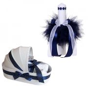 Set Trusou botez model landou si lumanare cu floricele si decor bleumarin pentru Baieti Denikos® 103 - NKO1658