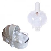 Set Trusou botez in landou cu lumanare si ingeras decor alb Unisex Denikos® 110 - NKO1665