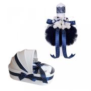 Pachet Trusou botez in landou si lumanare cu ursuleti in decor bleumarin Baieti Denikos® 41 - NKO1555