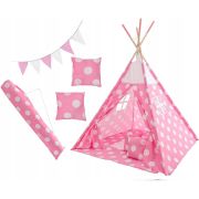 Set cort copii XXL Teepee, Cort, Covoras, 2 Perne, Ghirlanda si Geanta depozitare Tutumi TT34255 BBJTT34255_Buline Roz/Alb