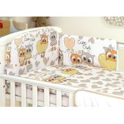 Set Lenjerie Din Bumbac Cu Protectie Laterala Pentru Pat Bebe 120 X 60 Cm, Bufnite Bej, Amy Pjb65764