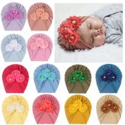 Caciulita tip turban cu floricele cu perlute aplicate MBx-19068-c4.6-9 luni (Marimea 19 incaltaminte)-Bleu