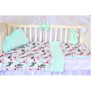 Lenjerie 3 piese patut 120x60 cm model trandafiri si plus minky verde menta PFCC100442