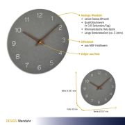Ceas silentios de precizie din lemn, analog, de perete, design minimalist, gri, TFA 60.3054.10