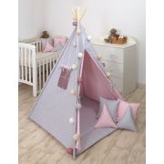 Cort De Joaca Stars Reversibil, Cu Saltea Impermeabila Inclusa, Indian Teepee Din Bumbac, Roz Gri Pjb63046