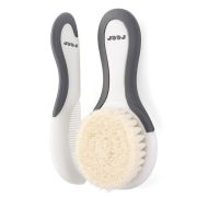 Set perie si pieptene ingrijire bebelusi, cu par natural de capra, alb cu gri, BabyCare Hair, Reer 81070