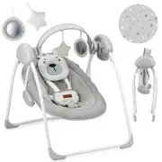Leagan pentru bebelusi, MoMi LISS Bear Pink, 5 viteze de balansare, Cronometru, Alimentare baterii, 8 melodii, 2 jucarii incluse, Centura in 5 puncte KRTBULE00014