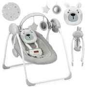 Leagan pentru bebelusi, MoMi LISS Bear Pink, 5 viteze de balansare, Cronometru, Alimentare baterii, 8 melodii, 2 jucarii incluse, Centura in 5 puncte KRTBULE00014