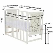Qmini- Patut din lemn Timmi Heart 120x60 cm, Cu laterala culisanta, Din lemn de pin, MDF, Somiera reglabila, Alb + Saltea 8 cm BYNQMTIMH8CM03AL