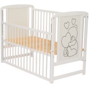 Qmini- Patut din lemn Timmi Heart 120x60 cm, Cu laterala culisanta, Din lemn de pin, MDF, Somiera reglabila, Alb + Saltea 8 cm BYNQMTIMH8CM03AL