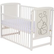 Qmini- Patut din lemn Timmi Heart 120x60 cm, Cu laterala culisanta, Din lemn de pin, MDF, Somiera reglabila, Alb + Saltea 8 cm BYNQMTIMH8CM03AL