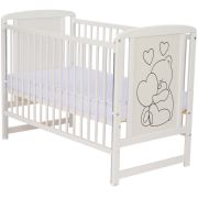 Qmini- Patut din lemn Timmi Heart 120x60 cm, Cu laterala culisanta, Din lemn de pin, MDF, Somiera reglabila, Alb + Saltea 8 cm BYNQMTIMH8CM03AL