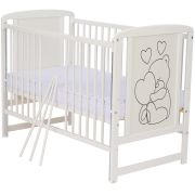 Qmini- Patut din lemn Timmi Heart 120x60 cm, Cu laterala culisanta, Din lemn de pin, MDF, Somiera reglabila, Alb + Saltea 8 cm BYNQMTIMH8CM03AL
