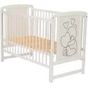 Qmini- Patut din lemn Timmi Heart 120x60 cm, Cu laterala culisanta, Din lemn de pin, MDF, Somiera reglabila, Alb BYNQMTIMH03AL