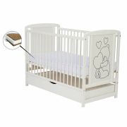 Qmini- Patut din lemn Timmi Heart 120x60 cm, Cu sertar, Din lemn de pin, MDF, Somiera reglabila, Alb + Saltea 10 cm BYNQMTIMH10CM02AL