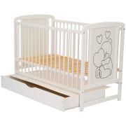 Qmini- Patut din lemn Timmi Heart 120x60 cm, Cu sertar, Din lemn de pin, MDF, Somiera reglabila, Alb + Saltea 8 cm BYNQMTIMH8CM02AL