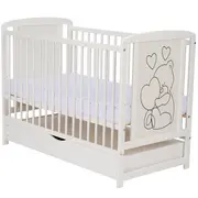 Qmini- Patut din lemn Timmi Heart 120x60 cm, Cu sertar, Din lemn de pin, MDF, Somiera reglabila, Alb BYNQMTIMH02AL