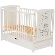 Qmini- Patut din lemn Timmi Heart 120x60 cm, Cu sertar, Din lemn de pin, MDF, Somiera reglabila, Alb BYNQMTIMH02AL