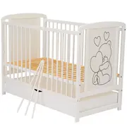 Qmini- Patut din lemn Timmi Heart 120x60 cm, Cu sertar, Din lemn de pin, MDF, Somiera reglabila, Alb BYNQMTIMH02AL