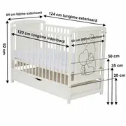 Qmini- Patut din lemn Timmi Heart 120x60 cm, Cu sertar, Din lemn de pin, MDF, Somiera reglabila, Alb BYNQMTIMH02AL
