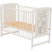 Qmini- Patut din lemn Timmi Heart 120x60 cm, Din lemn de pin, MDF, Somiera reglabila, Alb + Saltea 12 cm BYNQMTIMH12CM01AL
