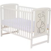Qmini- Patut din lemn Timmi Heart 120x60 cm, Din lemn de pin, MDF, Somiera reglabila, Alb + Saltea 12 cm BYNQMTIMH12CM01AL