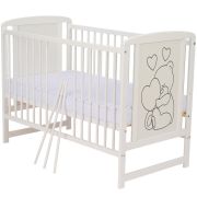 Qmini- Patut din lemn Timmi Heart 120x60 cm, Din lemn de pin, MDF, Somiera reglabila, Alb + Saltea 8 cm BYNQMTIMH8CM01AL