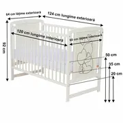 Qmini- Patut din lemn Timmi Heart 120x60 cm, Din lemn de pin, MDF, Somiera reglabila, Alb BYNQMTIMH01AL
