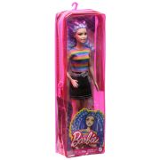 PAPUSA BARBIE FASHIONISTA CU PARUL MOV  TRICOU MULTICOLOR SI FUSTA NEAGRA VIVMTFBR37_GRB61