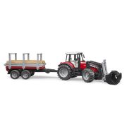 Bruder - Tractor Massey Ferguson 7480 Cu Incarcator Frontal Si Remorca Pentru Lemne ARTBR02046