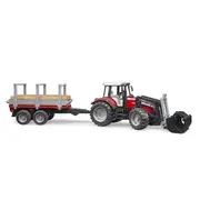 Bruder - Tractor Massey Ferguson 7480 Cu Incarcator Frontal Si Remorca Pentru Lemne ARTBR02046