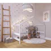 Patut tip casuta YappyHytte Bed din lemn certificat FSC, Transformabil in casuta de joaca, Cu bariera de protectie, In stil scandinav, Yappy Kids, 160x80 cm, Alb BYNYappyHytte_white