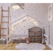 Patut tip casuta YappyHytte Bed din lemn certificat FSC, Transformabil in casuta de joaca, Cu bariera de protectie, In stil scandinav, Yappy Kids, 160x80 cm, Alb BYNYappyHytte_white