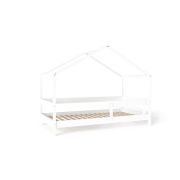 Patut tip casuta YappyHytte Bed din lemn certificat FSC, Transformabil in casuta de joaca, Cu bariera de protectie, In stil scandinav, Yappy Kids, 160x80 cm, Alb BYNYappyHytte_white