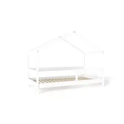 Patut tip casuta YappyHytte Bed din lemn certificat FSC, Transformabil in casuta de joaca, Cu bariera de protectie, In stil scandinav, Yappy Kids, 160x80 cm, Alb BYNYappyHytte_white