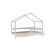 Patut tip casuta YappyHytte Bed din lemn certificat FSC, Transformabil in casuta de joaca, Cu bariera de protectie, In stil scandinav, Yappy Kids, 160x80 cm, Gri BYNYappyHytte_grey