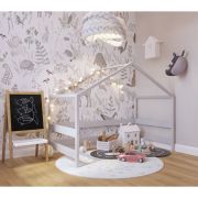 Patut tip casuta YappyHytte Bed din lemn certificat FSC, Transformabil in casuta de joaca, Cu bariera de protectie, In stil scandinav, Yappy Kids, 160x80 cm, Gri BYNYappyHytte_grey