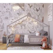 Patut tip casuta YappyHytte Bed din lemn certificat FSC, Transformabil in casuta de joaca, Cu bariera de protectie, In stil scandinav, Yappy Kids, 160x80 cm, Gri BYNYappyHytte_grey
