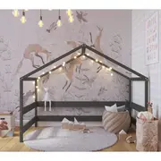 Patut tip casuta YappyHytte Bed din lemn certificat FSC, Transformabil in casuta de joaca, Cu bariera de protectie, In stil scandinav, Yappy Kids, 160x80 cm, Verde BYNYappyHytte_green