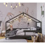 Patut tip casuta YappyHytte Bed din lemn certificat FSC, Transformabil in casuta de joaca, Cu bariera de protectie, In stil scandinav, Yappy Kids, 160x80 cm, Verde BYNYappyHytte_green
