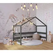 Patut tip casuta YappyHytte Bed din lemn certificat FSC, Transformabil in casuta de joaca, Cu bariera de protectie, In stil scandinav, Yappy Kids, 160x80 cm, Verde BYNYappyHytte_green