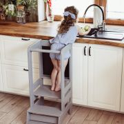 Inaltator Learning Tower Ajustabil Cu Tabla De Scris, Ajutor De Bucatarie Meowbaby  , Lemn Gri Inchis Pjbkh02012scie