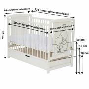Qmini - Patut din lemn Timmi Heart 120x60 cm, Cu sertar, Cu roti, Din lemn de pin, MDF, Somiera reglabila, Alb + Saltea 12 cm BYNQMTIMH12CM02AL