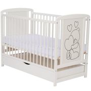 Qmini - Patut din lemn Timmi Heart 120x60 cm, Cu sertar, Cu roti, Din lemn de pin, MDF, Somiera reglabila, Alb + Saltea 12 cm BYNQMTIMH12CM02AL