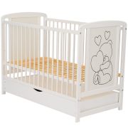 Qmini - Patut din lemn Timmi Heart 120x60 cm, Cu sertar, Cu roti, Din lemn de pin, MDF, Somiera reglabila, Alb + Saltea 12 cm BYNQMTIMH12CM02AL