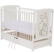 Qmini - Patut din lemn Timmi Heart 120x60 cm, Cu sertar, Cu roti, Din lemn de pin, MDF, Somiera reglabila, Alb + Saltea 12 cm BYNQMTIMH12CM02AL