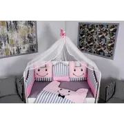 Lenjerie MyKids 11 piese Figures gri-roz  cu baldachin 120x60 cm 00081647