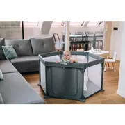 Tarc de joaca pentru bebe, Hexagonal, Cu 4 manere, Intrare cu fermoar, Cu geanta de transport, 117 x 67 x 67 cm, FreeON, Grey BYN44459