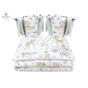 MimiNu - Lenjerie patut cu 4 piese, Cu doua protectii laterale, Sweet Deer Pink, Din bumbac, Pentru patut 120x60 cm BYN6426972014694