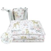 MimiNu - Lenjerie patut cu 4 piese, Cu doua protectii laterale, Sweet Deer Pink, Din bumbac, Pentru patut 120x60 cm BYN6426972014694